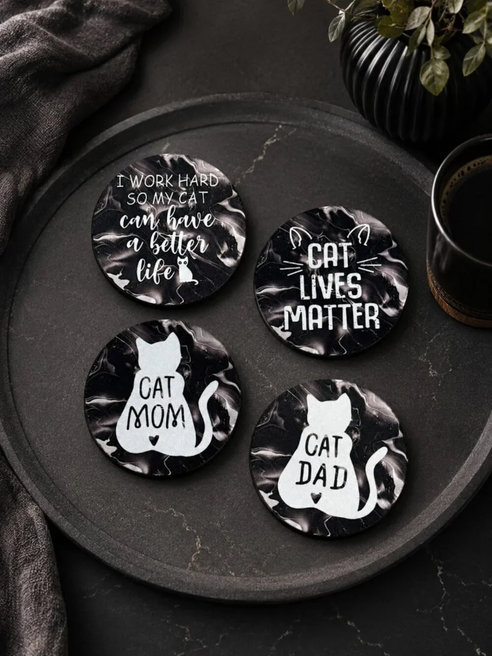 NWT Cat Lover Neoprene Coaster Set of 4 | Cat Mom Cat Dad Funny Drink Coasters